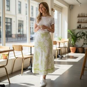 Coldwater Creek Cream Green Victorian Print Toile Linen Midi Skirt ~ size 12